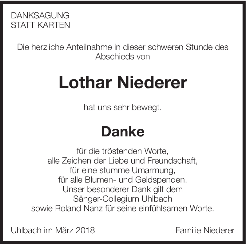  Traueranzeige für Lothar Niederer vom 20.03.2018 aus Eßlinger Zeitung/Cannstatter Zeitung