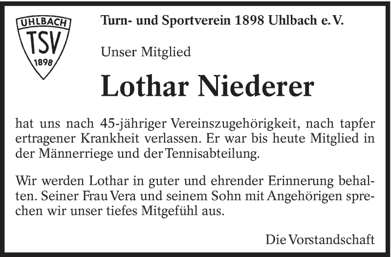  Traueranzeige für Lothar Niederer vom 10.03.2018 aus Eßlinger Zeitung/Cannstatter Zeitung