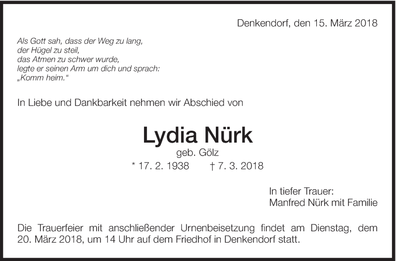  Traueranzeige für Lydia Nürk vom 15.03.2018 aus Eßlinger Zeitung/Cannstatter Zeitung