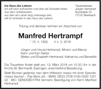 Traueranzeige von Manfred Hertrampf von Eßlinger Zeitung/Cannstatter Zeitung