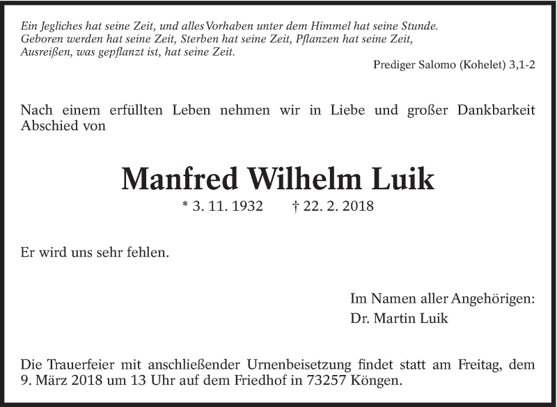  Traueranzeige für Manfred Wilhelm Luik vom 05.03.2018 aus Eßlinger Zeitung/Cannstatter Zeitung