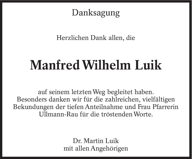  Traueranzeige für Manfred Wilhelm Luik vom 23.03.2018 aus Eßlinger Zeitung/Cannstatter Zeitung