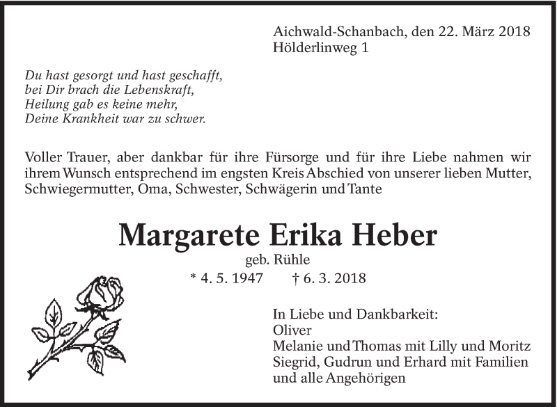  Traueranzeige für Margarete Erika Heber vom 22.03.2018 aus Eßlinger Zeitung/Cannstatter Zeitung