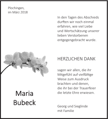 Traueranzeige von Maria Bubeck von Eßlinger Zeitung/Cannstatter Zeitung