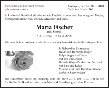 Traueranzeige von Maria Fischer von Eßlinger Zeitung/Cannstatter Zeitung