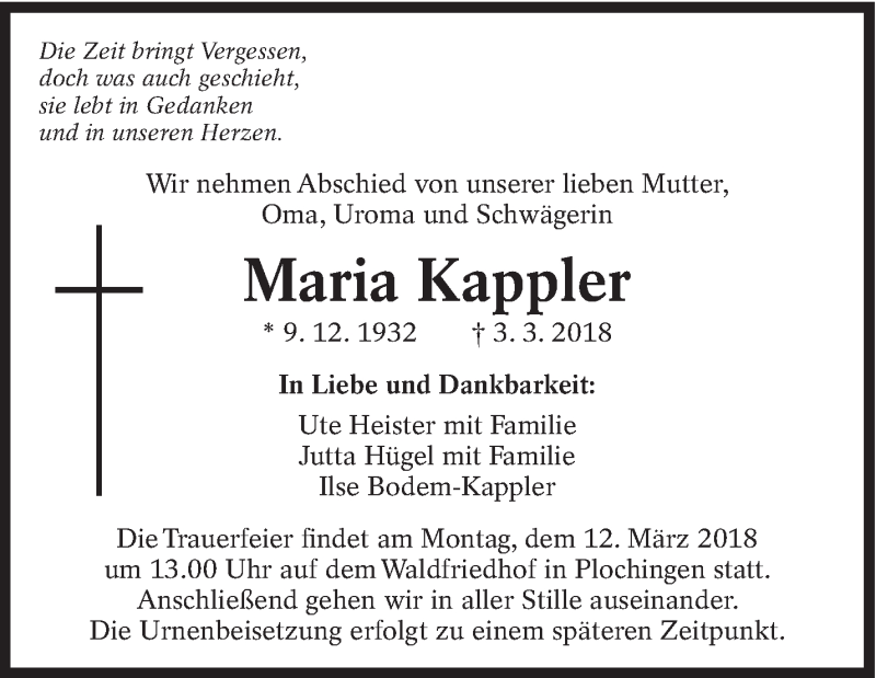  Traueranzeige für Maria Kappler vom 10.03.2018 aus Eßlinger Zeitung/Cannstatter Zeitung