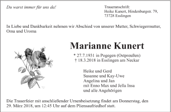Traueranzeige von Marianne Kunert von Eßlinger Zeitung/Cannstatter Zeitung