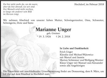 Traueranzeige von Marianne Unger von Eßlinger Zeitung/Cannstatter Zeitung