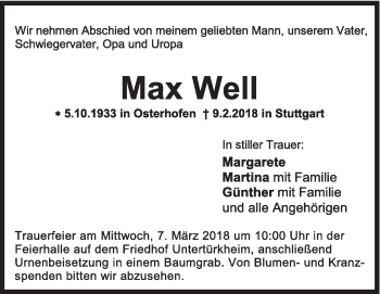 Traueranzeige von Max Well von Eßlinger Zeitung/Cannstatter Zeitung