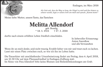 Traueranzeige von Melitta Allendorf von Eßlinger Zeitung/Cannstatter Zeitung