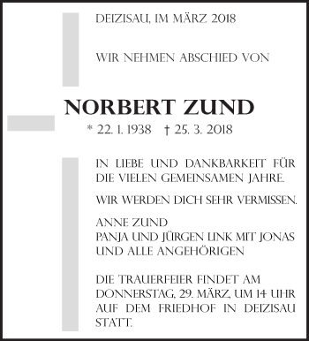 Traueranzeige von Norbert Zund von Eßlinger Zeitung/Cannstatter Zeitung