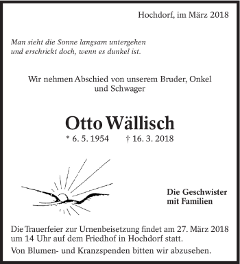 Traueranzeige von Otto Wällisch von Eßlinger Zeitung/Cannstatter Zeitung