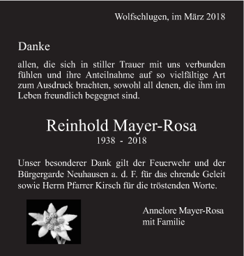 Traueranzeige von Reinhold Mayer-Rosa von Eßlinger Zeitung/Cannstatter Zeitung