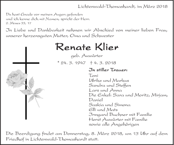 Traueranzeige von Renate Klier von Eßlinger Zeitung/Cannstatter Zeitung