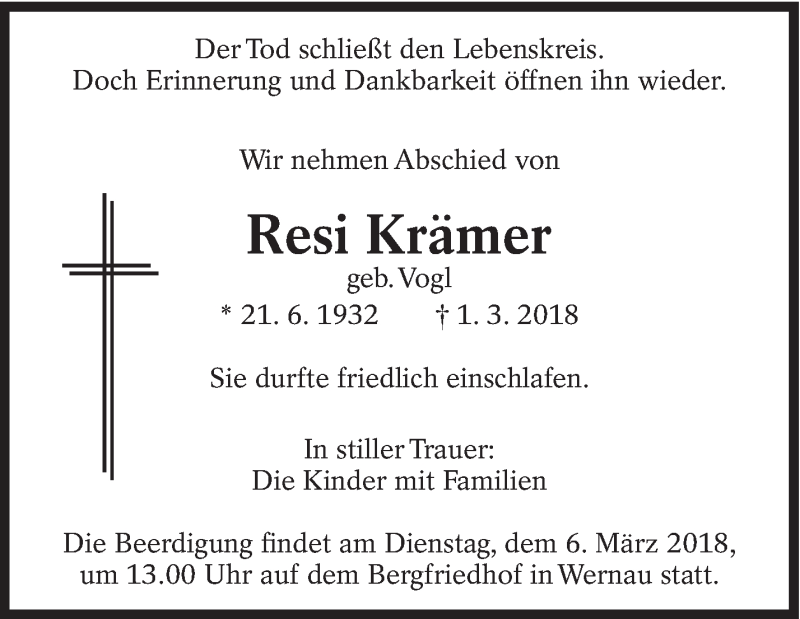  Traueranzeige für Resi Krämer vom 03.03.2018 aus Eßlinger Zeitung/Cannstatter Zeitung