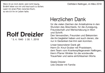 Traueranzeige von Rolf Dreizler von Eßlinger Zeitung/Cannstatter Zeitung