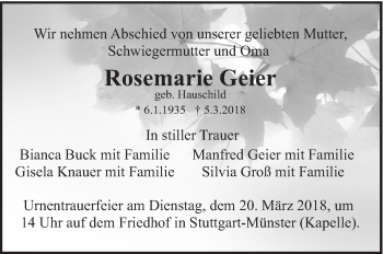 Traueranzeige von Rosemarie Geier von Eßlinger Zeitung/Cannstatter Zeitung
