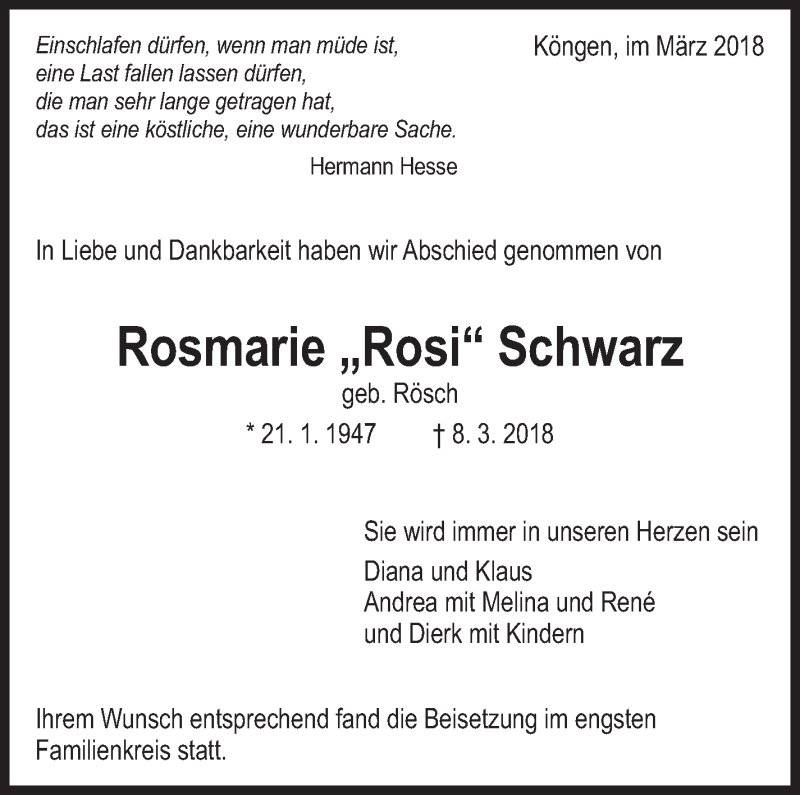 Traueranzeige für Rosmarie Schwarz vom 29.03.2018 aus Eßlinger Zeitung/Cannstatter Zeitung