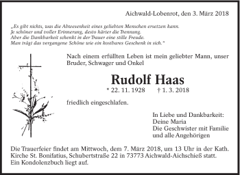 Traueranzeige von Rudolf Haas von Eßlinger Zeitung/Cannstatter Zeitung