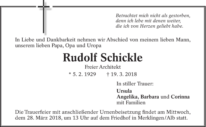  Traueranzeige für Rudolf Schickle vom 24.03.2018 aus Eßlinger Zeitung/Cannstatter Zeitung