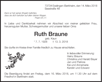 Traueranzeige von Ruth Braune von Eßlinger Zeitung/Cannstatter Zeitung