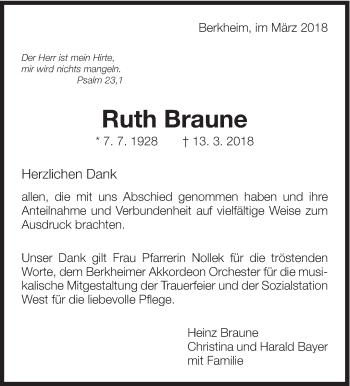 Traueranzeige von Ruth Braune von Eßlinger Zeitung/Cannstatter Zeitung