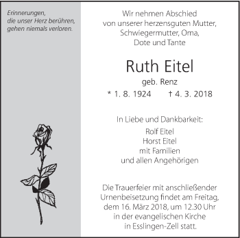 Traueranzeige von Ruth Eitel von Eßlinger Zeitung/Cannstatter Zeitung