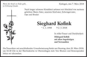 Traueranzeige von Sieghard Kofink von Eßlinger Zeitung/Cannstatter Zeitung