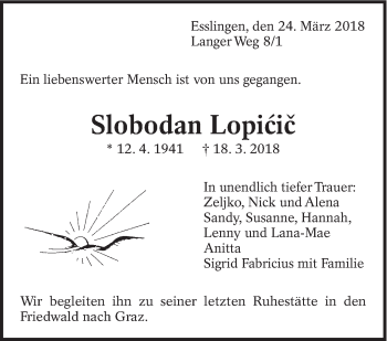Traueranzeige von Slobodan Lopicic von Eßlinger Zeitung/Cannstatter Zeitung