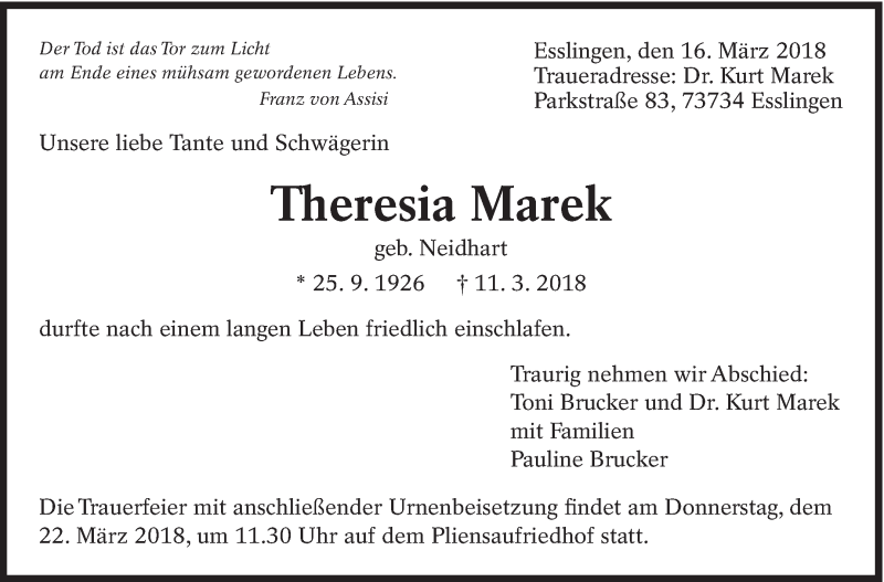  Traueranzeige für Theresia Marek vom 16.03.2018 aus Eßlinger Zeitung/Cannstatter Zeitung