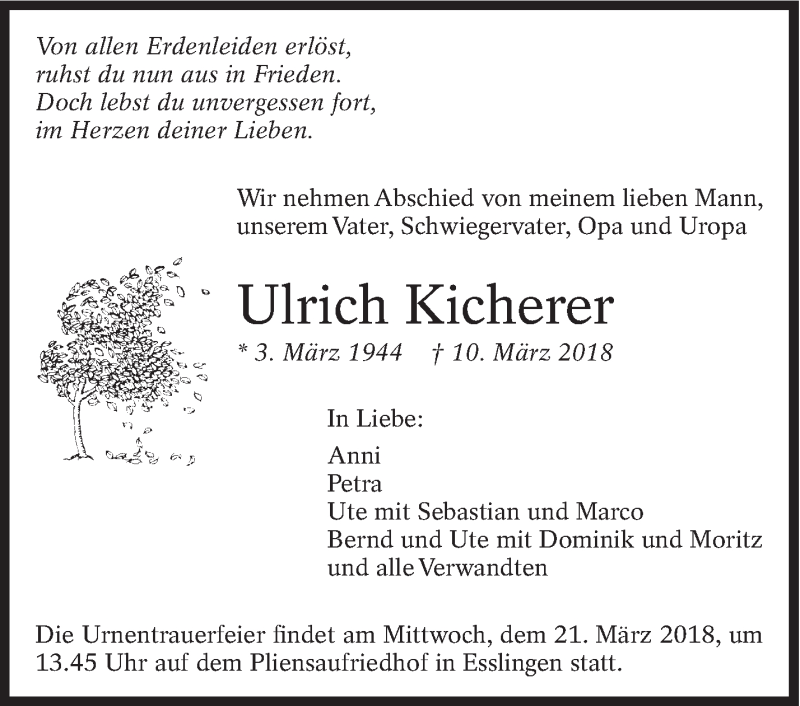  Traueranzeige für Ulrich Kicherer vom 15.03.2018 aus Eßlinger Zeitung/Cannstatter Zeitung