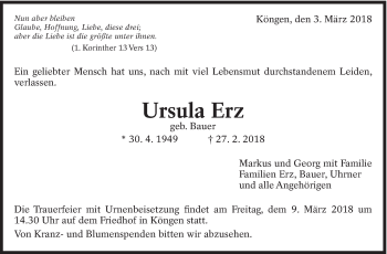 Traueranzeige von Ursula Erz von Eßlinger Zeitung/Cannstatter Zeitung
