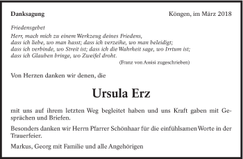 Traueranzeige von Ursula Erz von Eßlinger Zeitung/Cannstatter Zeitung