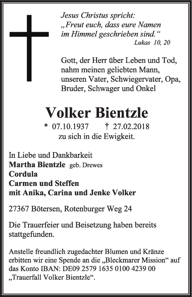  Traueranzeige für Volker Bientzle vom 10.03.2018 aus Eßlinger Zeitung/Cannstatter Zeitung