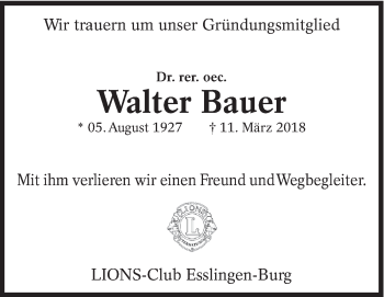 Traueranzeige von Walter Bauer von Eßlinger Zeitung/Cannstatter Zeitung
