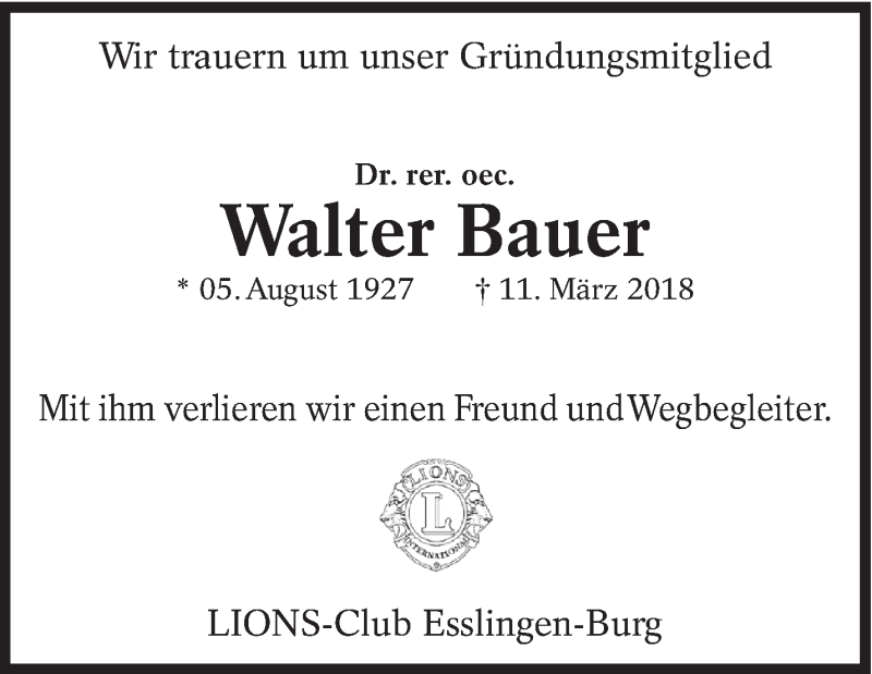  Traueranzeige für Walter Bauer vom 26.03.2018 aus Eßlinger Zeitung/Cannstatter Zeitung