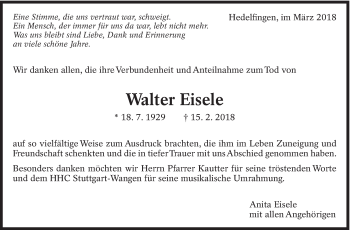 Traueranzeige von Walter Eisele von Eßlinger Zeitung/Cannstatter Zeitung