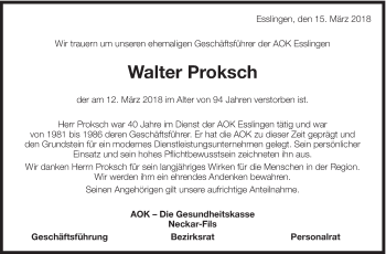 Traueranzeige von Walter Proksch von Eßlinger Zeitung/Cannstatter Zeitung