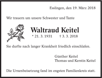Traueranzeige von Waltraud Keitel von Eßlinger Zeitung/Cannstatter Zeitung