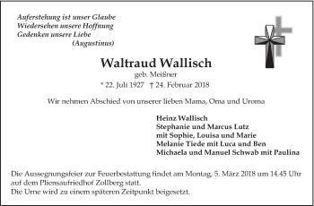 Traueranzeige von Waltraud Wallisch von Eßlinger Zeitung/Cannstatter Zeitung