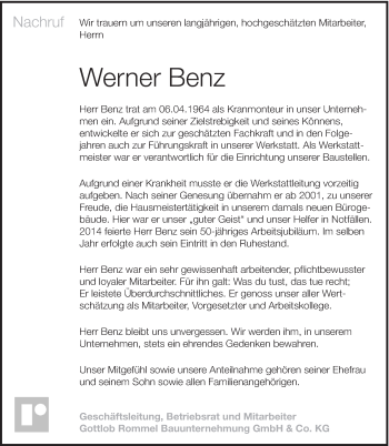 Traueranzeige von Werner Benz von Eßlinger Zeitung/Cannstatter Zeitung