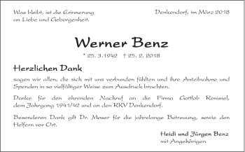 Traueranzeige von Werner Benz von Eßlinger Zeitung/Cannstatter Zeitung