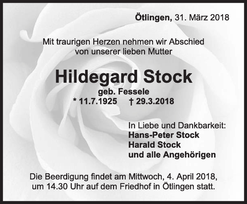  Traueranzeige für hildegard Stock vom 31.03.2018 aus Eßlinger Zeitung/Cannstatter Zeitung
