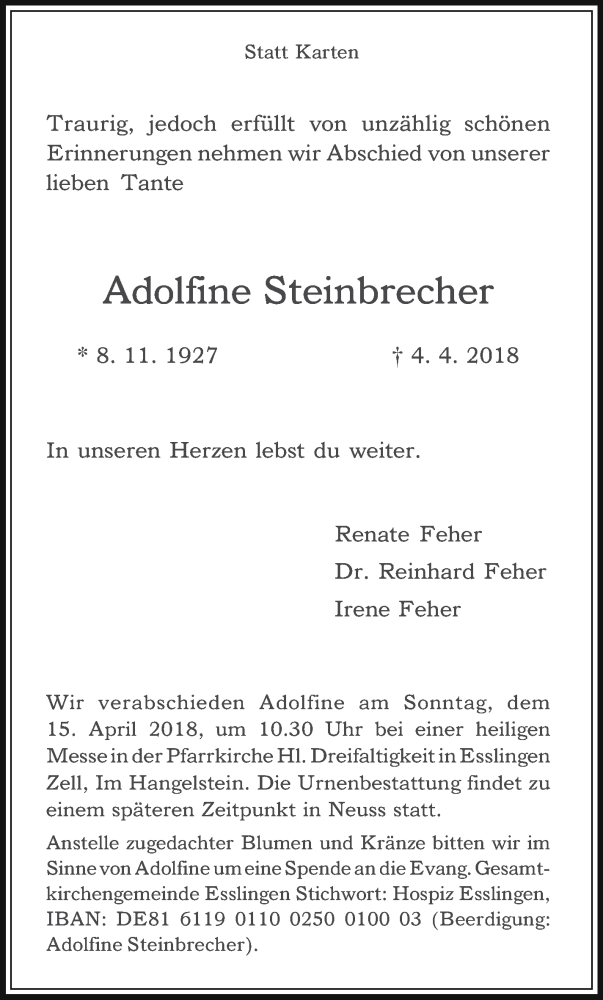  Traueranzeige für Adolfine Steinbrecher vom 11.04.2018 aus Eßlinger Zeitung/Cannstatter Zeitung