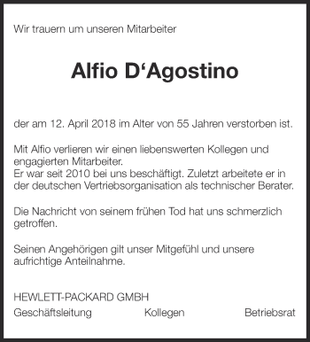 Traueranzeige von Alfio D´Agostino von Eßlinger Zeitung/Cannstatter Zeitung