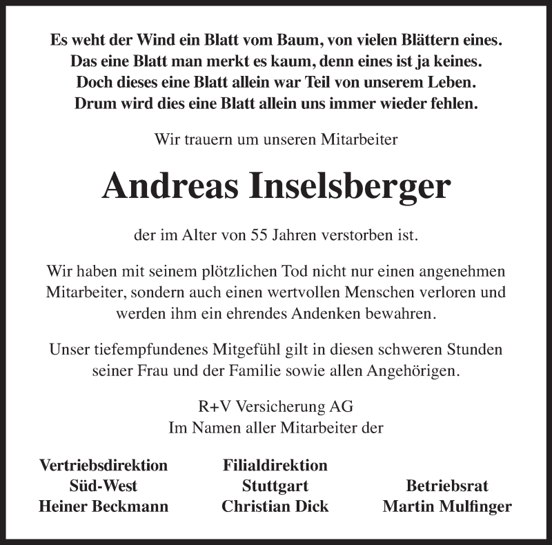  Traueranzeige für Andreas Inselsberger vom 14.04.2018 aus Eßlinger Zeitung/Cannstatter Zeitung