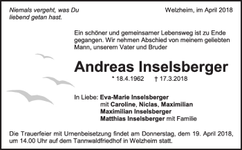 Traueranzeige von Andreas Inselsberger von Eßlinger Zeitung/Cannstatter Zeitung