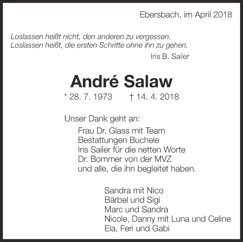 Traueranzeige für André Salaw vom 26.04.2018 aus Eßlinger Zeitung/Cannstatter Zeitung