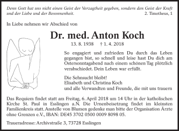 Traueranzeige von Anton Koch von Eßlinger Zeitung/Cannstatter Zeitung