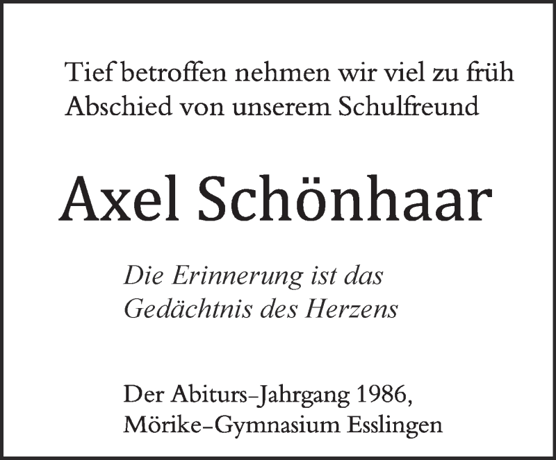  Traueranzeige für Axel Schönhaar vom 28.04.2018 aus Eßlinger Zeitung/Cannstatter Zeitung